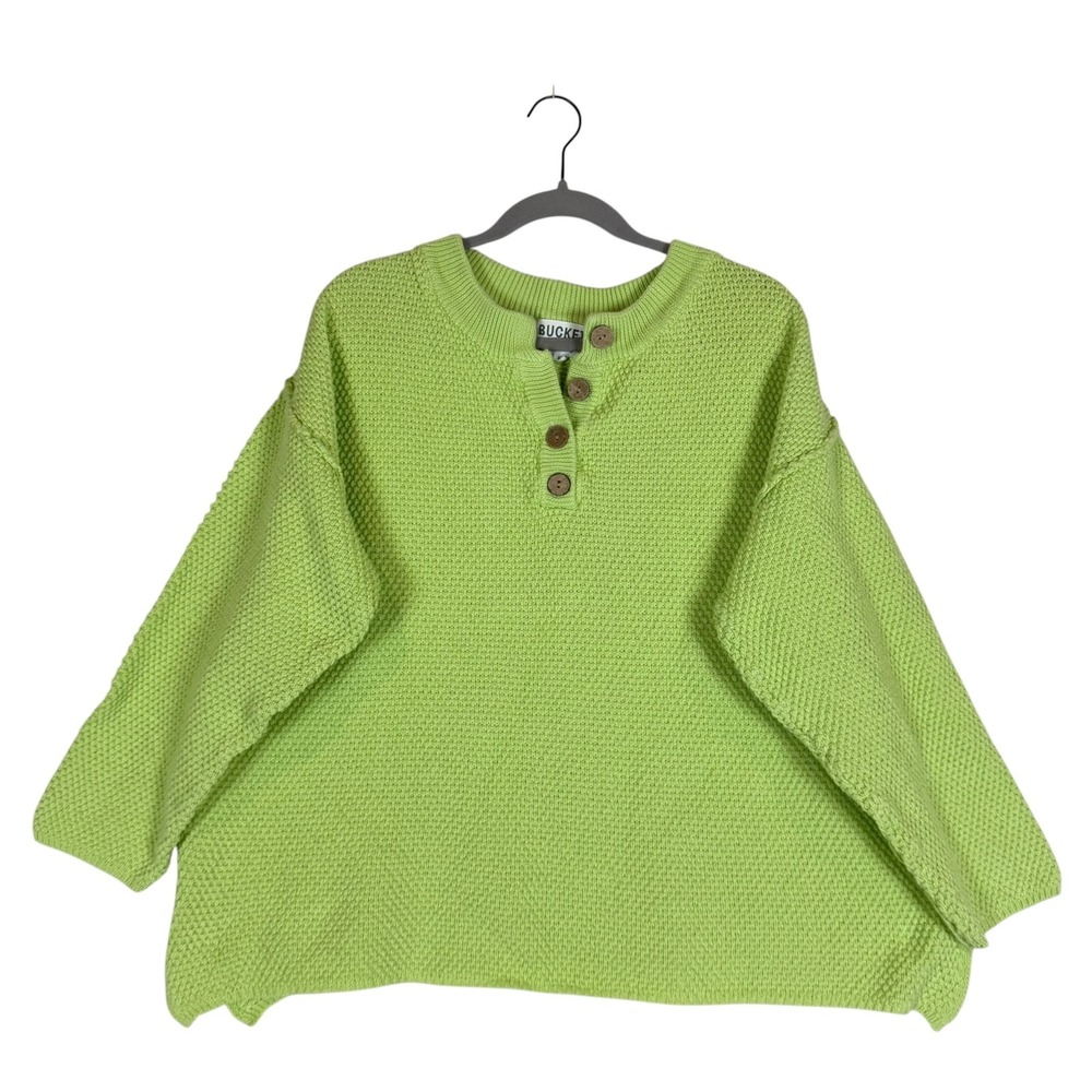 Bucket List Sweater Womens L Green Waffle Knit Henley Dolman Sleeve Oversized